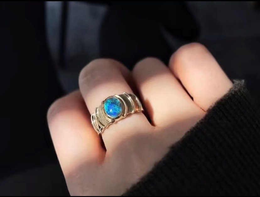 Ring of Poseidon 18K Solid Gold ring with Black Opal