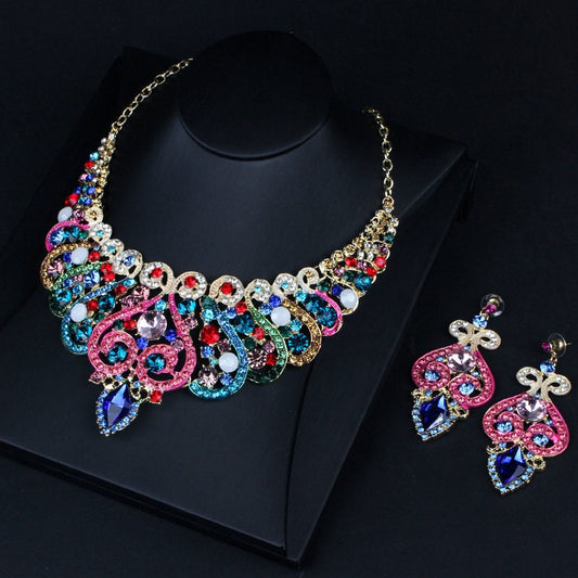 Peacock Crystal Wedding Bridal necklace earrings Set Boutique African Luxury Jewelry