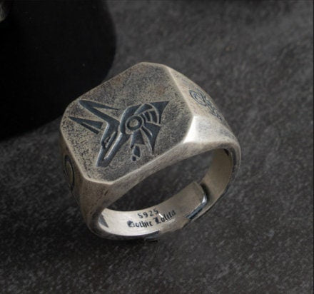 Custom 925 Silver 18k Solid Gold Ring Ancient Craft Ring Egyptian Gods Eyes Of Horus and Anubis Adjustable Size