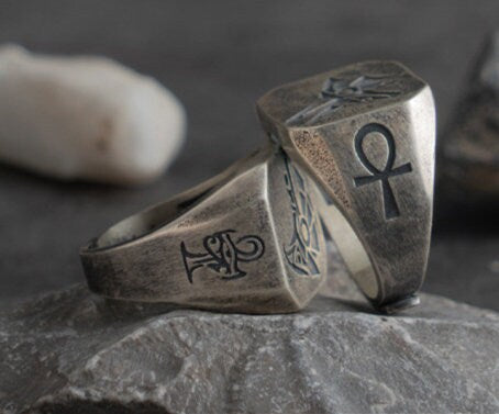 Custom 925 Silver 18k Solid Gold Ring Ancient Craft Ring Egyptian Gods Eyes Of Horus and Anubis Adjustable Size