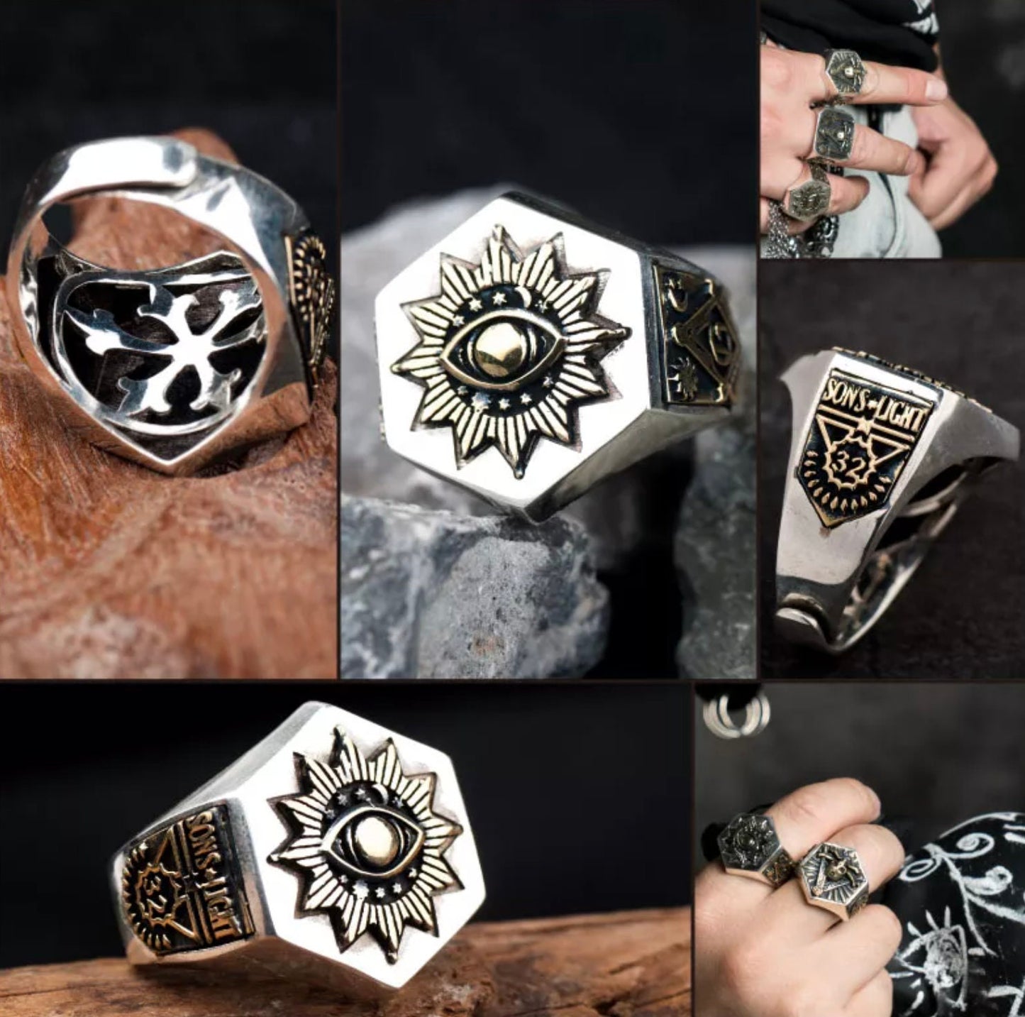 Custom Masonic Ring Freemason Silver 925 with 18k-Gold-Plated Symbols Adjustable band