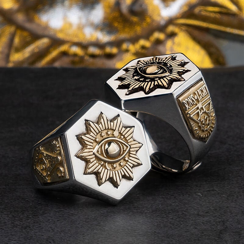 Custom Masonic Ring Freemason Silver 925 with 18k-Gold-Plated Symbols Adjustable band