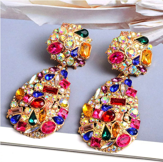Peacock color Crystal African Style Large size Oval Earrings