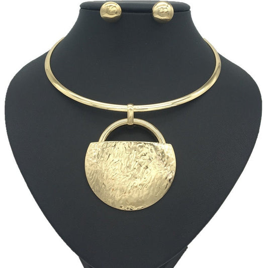 18K Gold Plated Big Fan Geometric Choker Necklace Earrings Jewelry Set