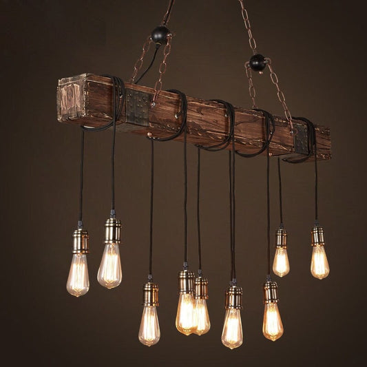 Farmhouse Wood Bar Retro Rustic Chandelier - Suspended Pendant Light with 9 bulbs