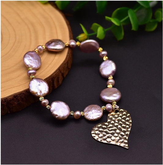 Natural Purple Baroque Pearls Bracelets with Big Love Heart Pendant