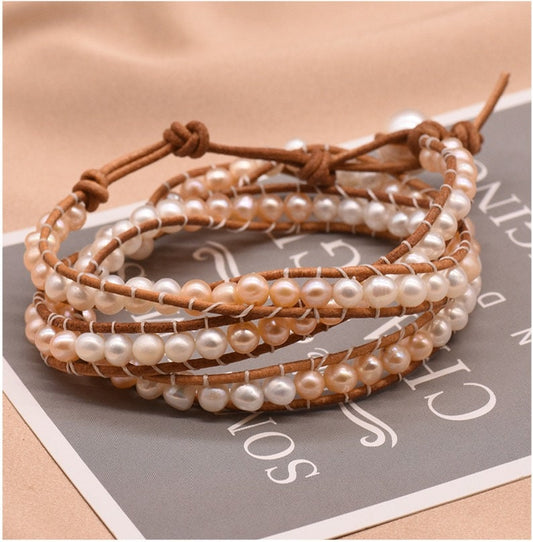 Natural Fresh Water Pearl with Genuine Leather Strand Bracelet