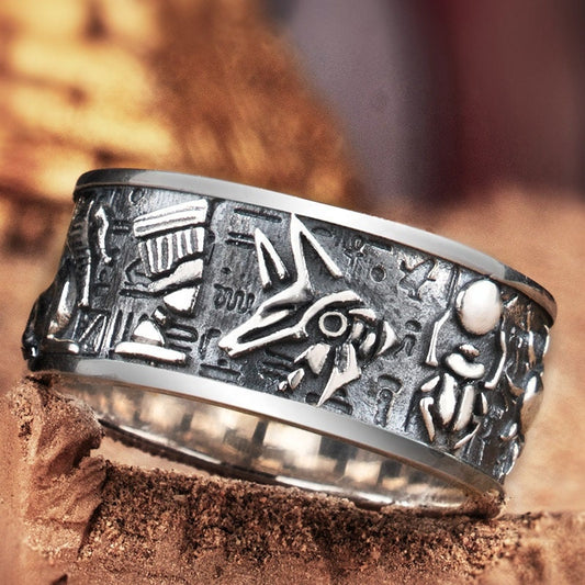 925 Silver Embossed Egyptian Gods Horus Anubis Pharaoh Retro Silver Ring