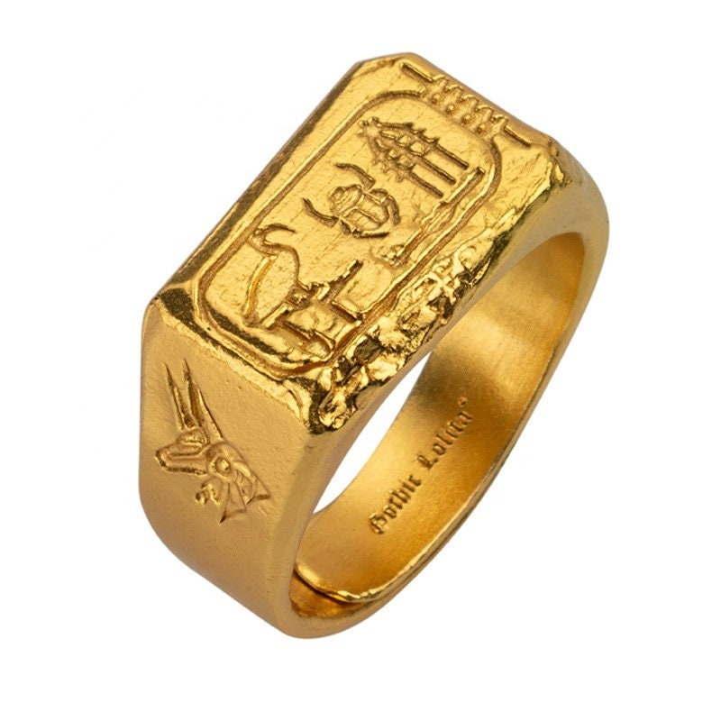 S925 Silver Gold Ring Ancient Craft Ring Egyptian Gods Eyes Of Horus and Anubis Adjustable Size