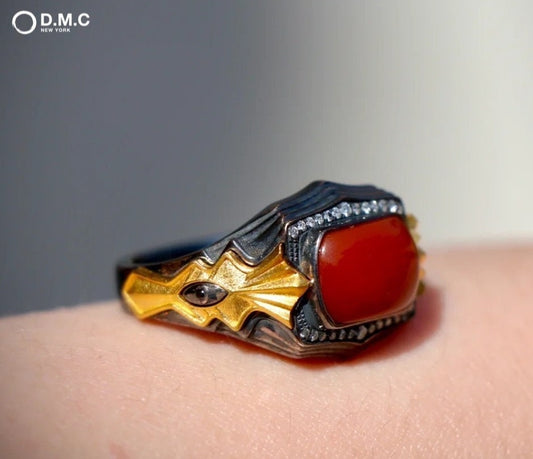 Royal Engagement Ring with 18K Gold Red Southern Agate and Black Diamonds