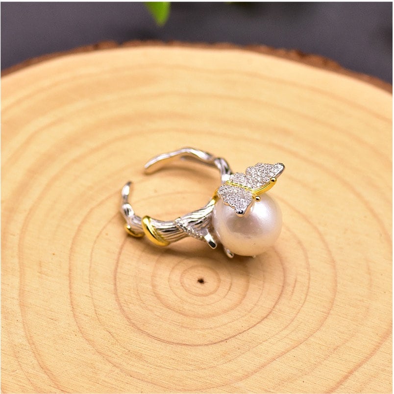 Natural Fresh Water White Pearls Butterfly Ring made with 925 Sterling Silver 18K Gold