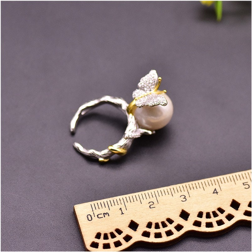 Natural Fresh Water White Pearls Butterfly Ring made with 925 Sterling Silver 18K Gold