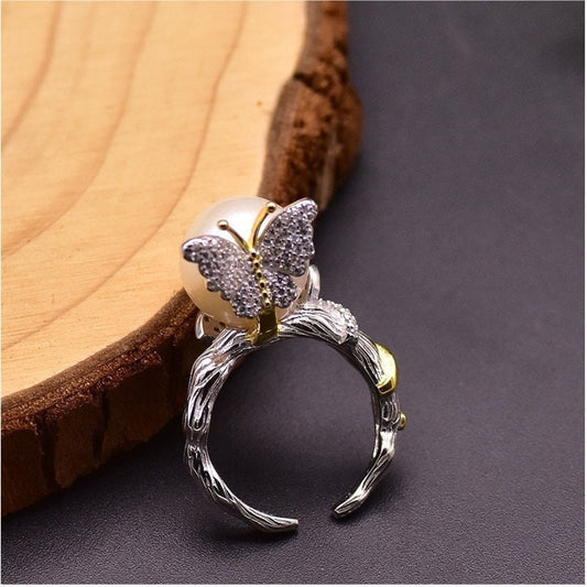 Natural Fresh Water White Pearls Butterfly Ring made with 925 Sterling Silver 18K Gold