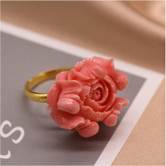 Natural Coral Flower 925 Sterling Silver Ring
