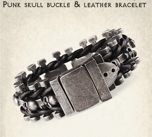 Vintage Stainless Steel Skull and Leather Biker bracelet