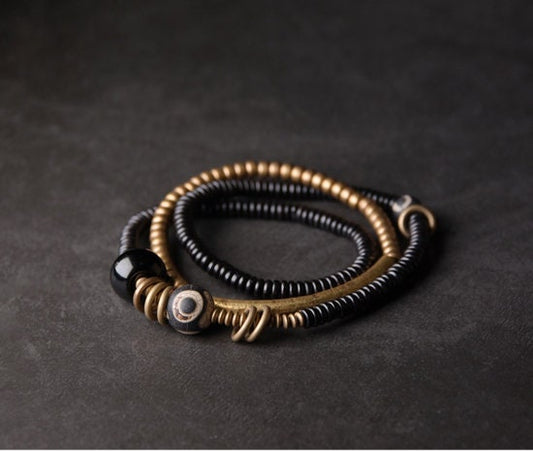 Tibetan Pyu Dzi Multilayer Bracelet Set with Natural Sandalwood Agate and Retro Brass
