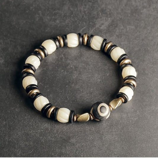 Tibetan Pyu Dzi Bracelet with White Camel Bone Bead Black Sandalwood and Retro Brass