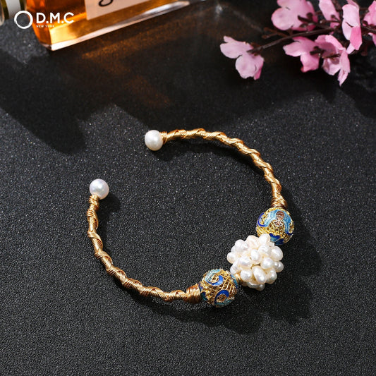 Natural Fresh Water Floral Pearl Bangle Bracelet 18K Gold Plated with Cloisonné Globular