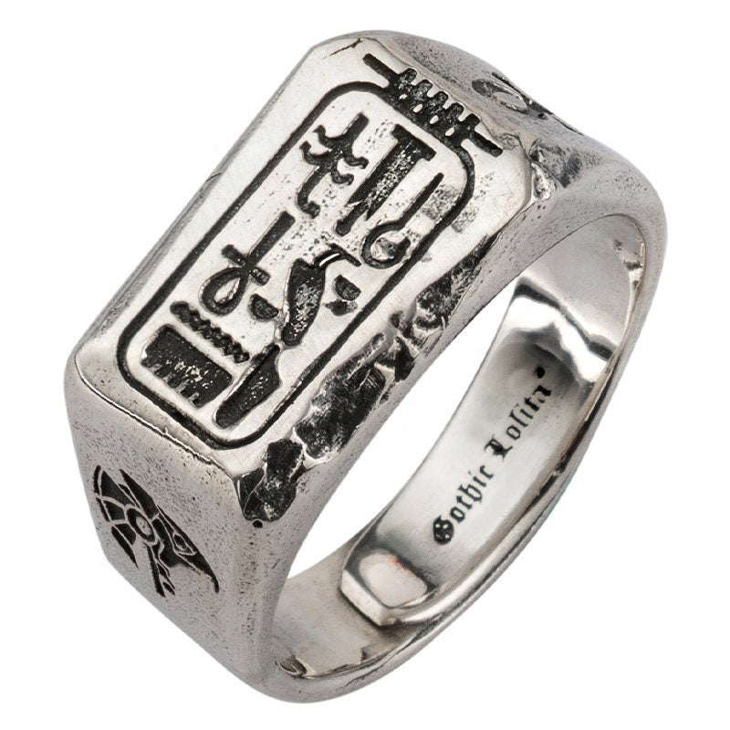 S925 Silver Gold Ring Ancient Craft Ring Egyptian Gods Eyes Of Horus and Anubis Adjustable Size