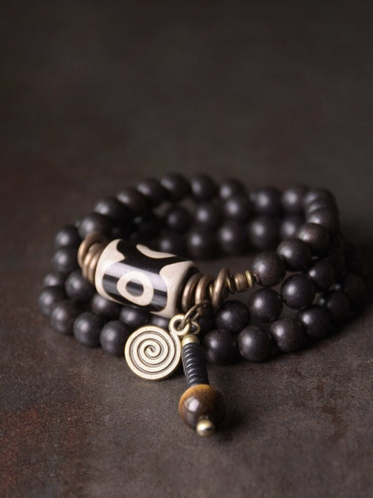 Tibetan Pyu Dzi Multilayer Bracelet with Natural Sandalwood Tiger Eye Stone and Retro Brass
