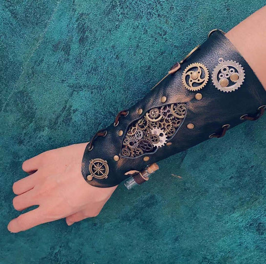 Steampunk Leather Bracer with hand stitched gears