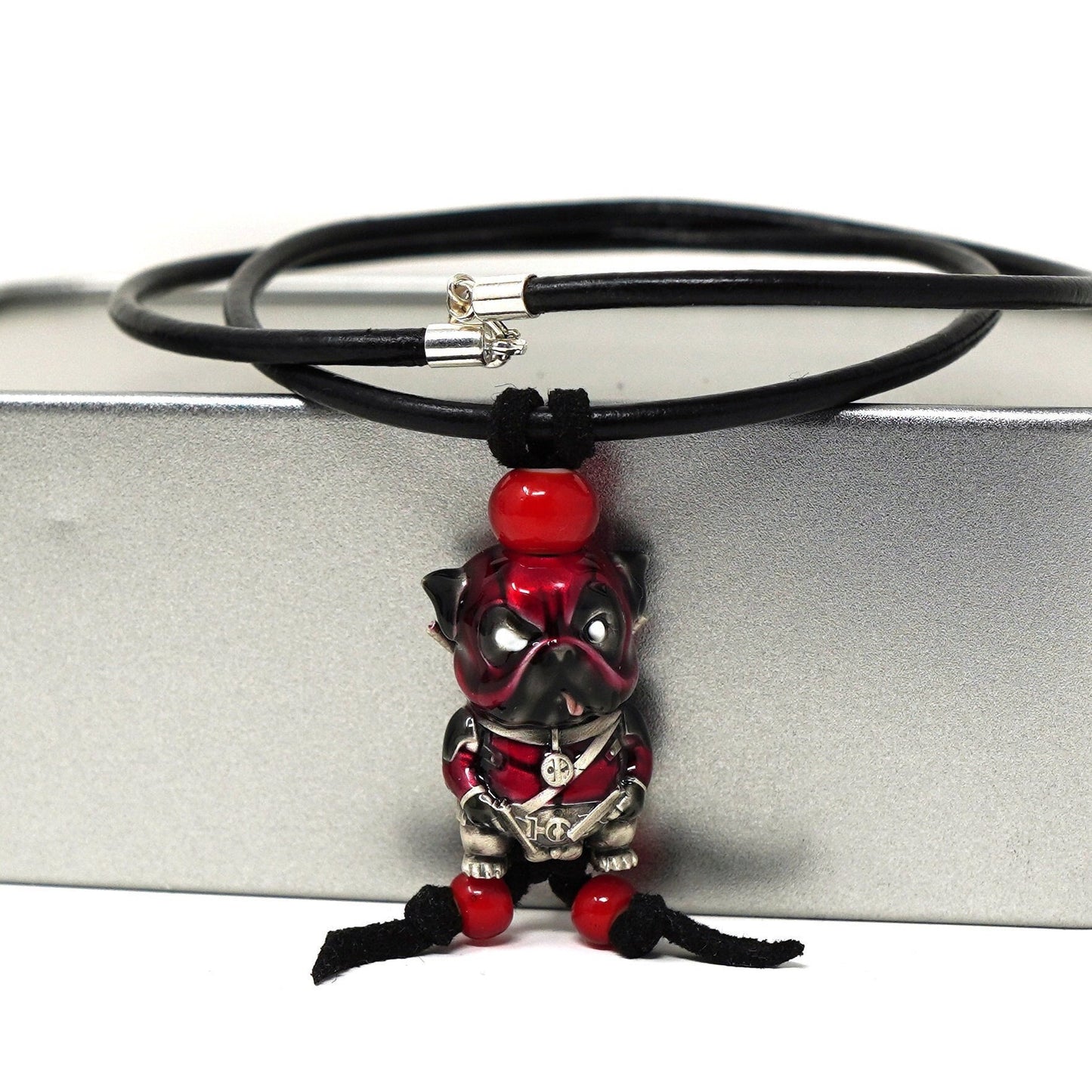 S925 Silver Deadpool Bulldog Enamel bead pendant necklace