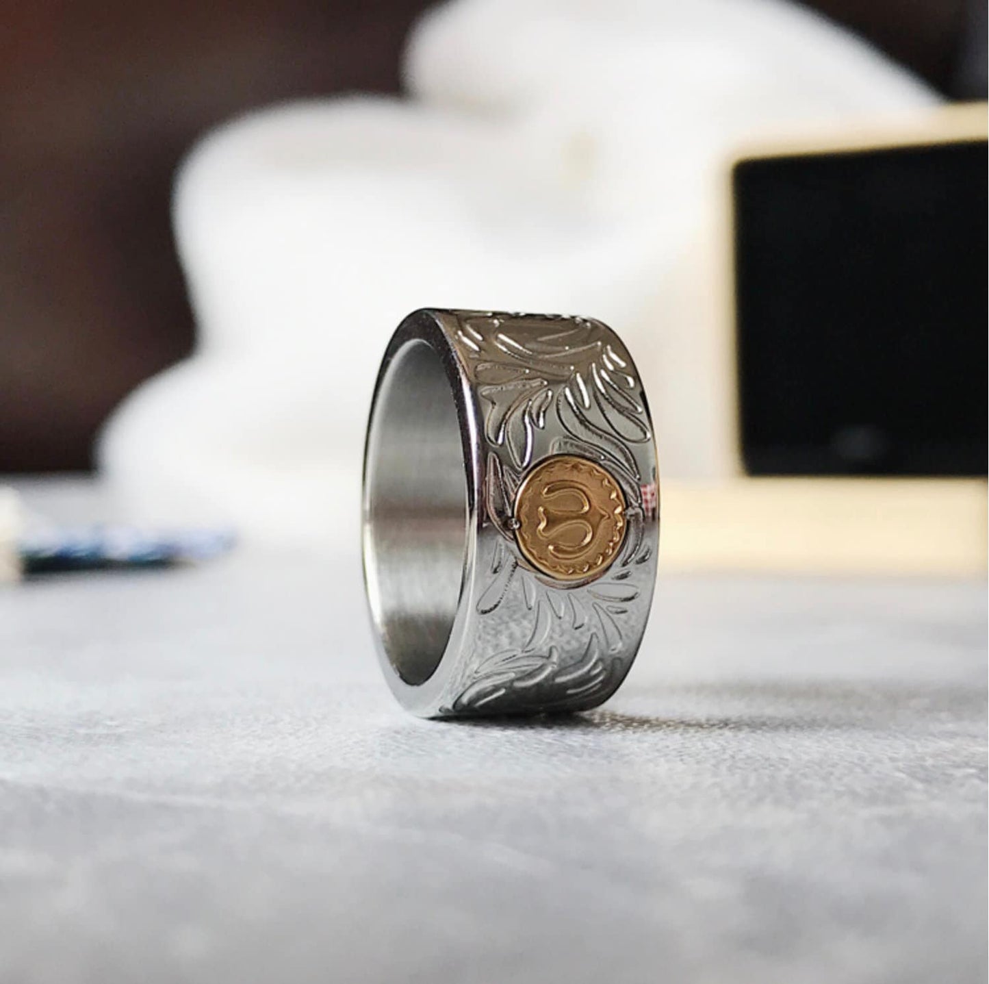 Retro Tang Grass Engraved Goro's Style Golden Eagle Titanium Steel Ring