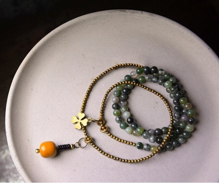 Natural Agate Multilayer bracelet and necklace with retro brass